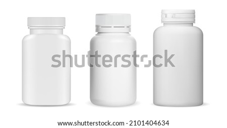 Medicine pill bottle white plastic blank. Vitamin supplement jar mockup design. Pharmaceutical tablet can illustration, aspirin, antibiotic or placebo drugs. Capsule medicament container