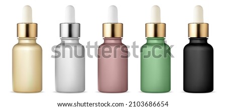 Dropper bottle set. Serum drop bottles, essential oil vial. Collagen essence eyedropper container, beauty treatment mockup. Realistic vapour aroma flask. Face care aging serum