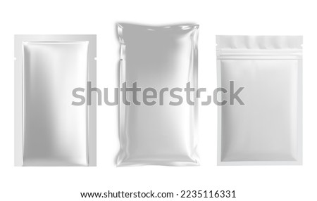 Foil sachet mockup, plastic pouch blank, vector template. Shiny silver package for wipe sheet, face mask. Glossy aluminum bag for tea, sugar, candy, biscuit. Wet napkin zipper envelope