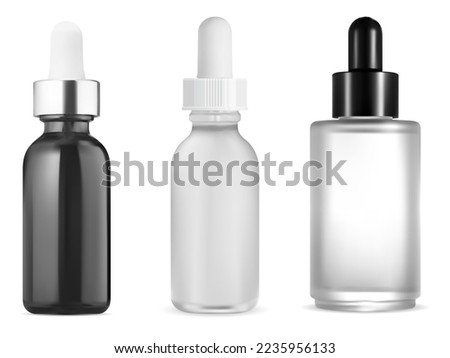 Serum dropper bottle vector mockup. Cosmetic oil glass container. Eyedropper medical package template, natural aroma essence set. Face collagen product jar. Pipette bottle design