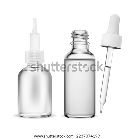 Clear glass bottle with a white cap houses a cosmetic serum that uses a dropper to dispense the essential liquid. realistic mockup of a glass flask filled with a clear oil, complete with a pipette
