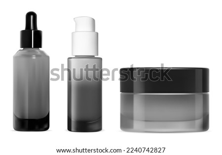 Serum dropper bottle. Pump dispenser cosmetic container design. Skin care bottles set concept. Essence oil eyedropper with collagen airless pump dispenser, isolated on white background