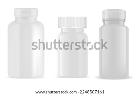 White plastic pill bottle mockup. Supplement jar vector blank isolated on white background. Illustration of pharmaceutical remedy product, aspirin medicament can. Medical tablet plastic package