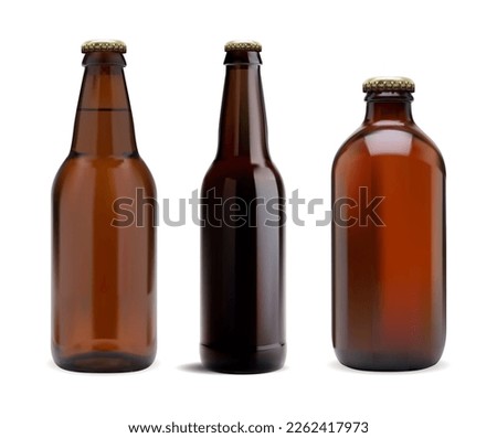 Brown glass beer bottle. Light and dark cold drink package. Cool and delicious refreshing product, amber color package template. Liquid alcohol beer or water brand, isolated on white background