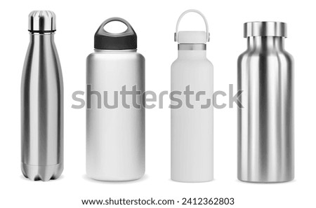Water bottle mockup. Steel metal thermo flask, vector mockup. Reusable stainless steel sport bottle, isolated on white. Gym or travel water container, closed with cap, portable blank template