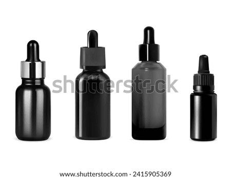 Black serum bottle. Pipette dropper bottle mockup. Aroma oil pipet jar isolated on white background. Cosmetic collagen flask vector design. Serum essence container mock up