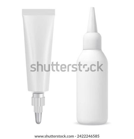 Cosmetic serum tube. Nozzle glue bottle, vector template. Isolated superglue package, adhesive sealant stick. Eye ointment tube, clear aluminum packaging. Long nozzle glue bottle