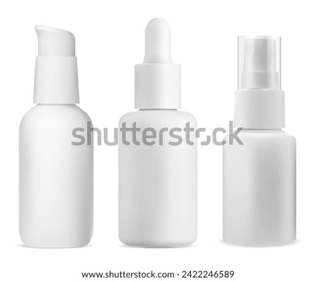 Airless pump bottle. Mist spray package mockup. Cosmetic serum dispenser with glass cap. Face foundation base product bottle design. Cleanser toner essence container, vector template