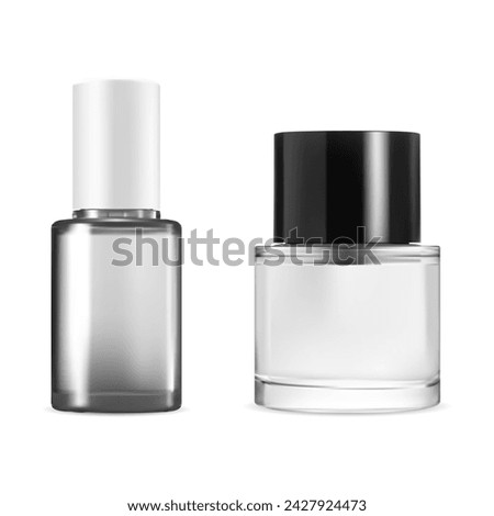 Nail polish glass bottle mock up. Fingernail manicure enamel product. Transparent gel base bottle blank, vector illustration. Colorless lacquer container, isolated round cylinder pack