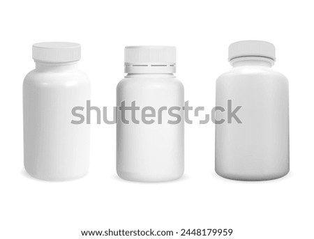Medicine pill bottle blank. White supplement jar template illustration. Vitamin tablet container design. Realistic pharmaceutical medicament can mockup. Prescription medication packaging