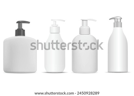 Liquid soap dispenser bottle. Pump bottle template, isolated vector blank. Realistic cosmetic product, hand lotion mockup. Sanitizer tube illustration, hygiene object design. Shampoo package