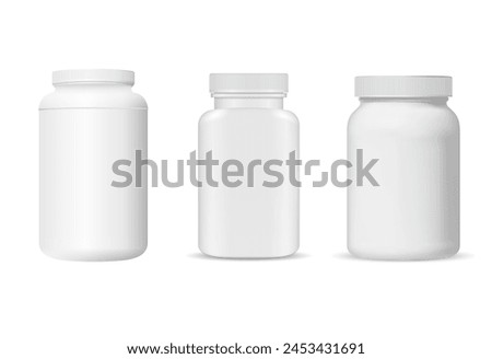 Medicine tablet package. White plastic vitamin supplement jar mockup. Pharmaceutical drug product container, realistic vector illustration. Antibiotic capsule bottle, prescription medicament