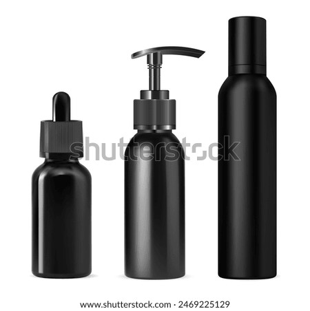 Pump bottle mockup, serum dispenser container. Dropper flacon for skin cosmetic product with mini eyedropper cap. Perfume mist spray bottle mock up