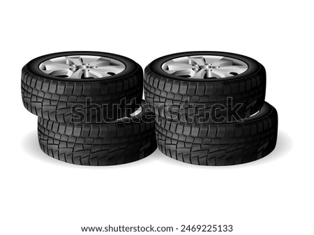 Car tire stack isolated on white background. Realistic winter or summer tyre set, road repair service advertisement illustration. Tires with ice and snow pattern, truck rubber