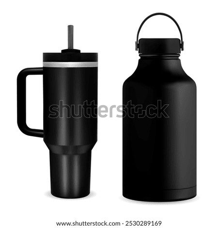 Thermo tumbler mockup. Reusable Coffee travel mug. Insulated black water flask, fitness or gym product. Aluminum or steel tumblr template with handle for logo promotion, realistic bottle