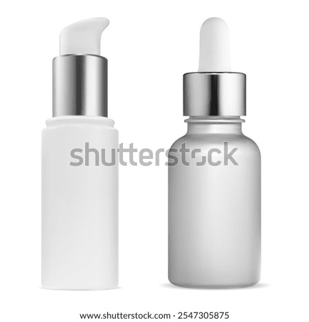 Small dropper bottle mockup. Serum face clear cosmetic, isolated 3d vector template. Airless dispenser package for essence oil, mini flacon. Skin moisturizer loyion vial. Foundation product bottle