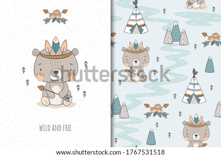 Cute baby teddy bear. Cartoon Tribal 
 forest animal character. Kids card print template and seamless background pattern. Hand drawn surface design vector illustration. 