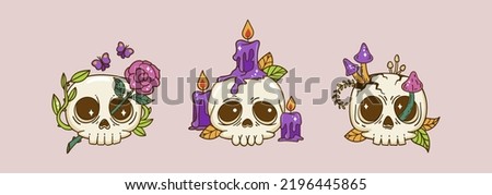 Creepy and cute skulls cartoon characters set. Halloween vector illustration in Kawaii Style are perfect for poster, card, decoration, print