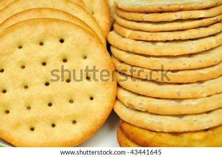 A bunch of round buttermilk crackers neatly arranged in rows.