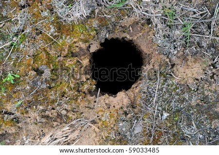 Brown earth dirt with a deep circular black hole in the ground