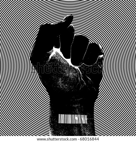 White fist raising his clenched fist with a bar code printed on his wrist.