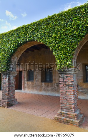 brick building covered in green leafs. photo taken in The Mission, California