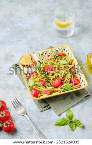 Similar – Foto Bild Hausgemachte Zucchini-Spaghetti mit Pestosauce, Brokkoli und Kirschtomaten