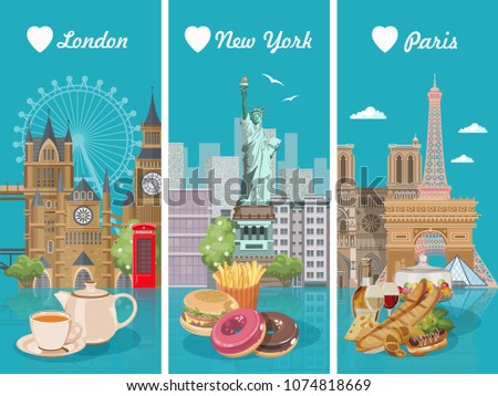 Set of vector illustrations with French, American, English cuisine. Food poster for USA, UK, France. Meal in America and England. Menu for Great Britain restaurant.