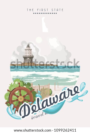 Delaware vector illustration with colorful detailed landscapes in modern flat design