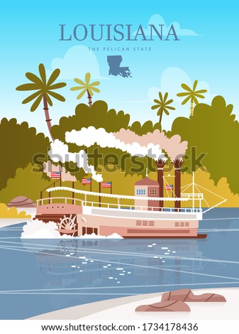 Travel postcard from Louisiana, the pelican state. Vector illustration with a steamboat and Mississippi river