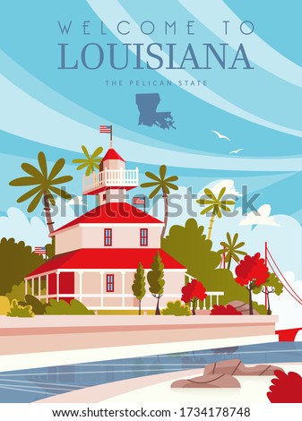 Louisiana, the pelican state. Vector travel postcard with southern sightseeing