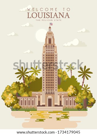 Travel postcard from Louisiana. Vector illustration with the famous and historic art deco state capitol building  in Baton Rouge, la. The pelican state