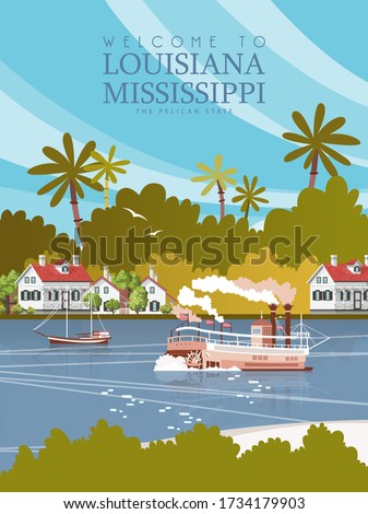 Postcard from the pelican state Louisiana. Vector illustration with southern river