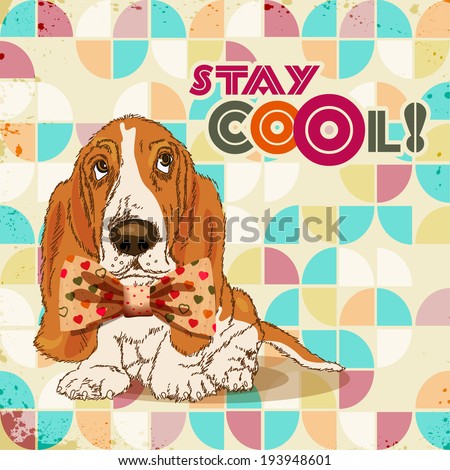 Dog hipster with bow. Retro poster in disco style. Vintage card. Design for t-shirts with animals print.