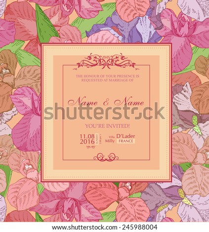 Wedding invitation with flowers. Spring iris flower. Floral background in vintage style.