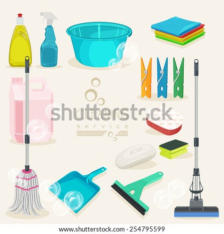 Cleaning kit icons. Supplies. Vector illustration.