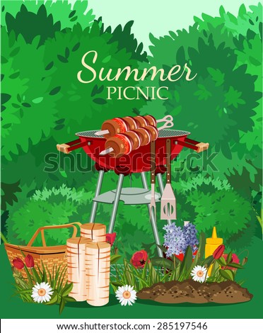 Summer picnic in meadow with flowers: basket with food, fruits, barbecue.