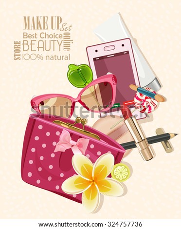 Handbag filled with objects of his care and cosmetics. 
