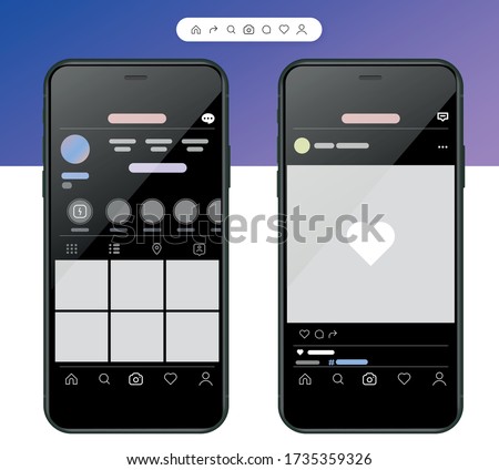 Photo Sharing Mobile App in New Dark Mode Page UI and UX Alternative Trendy Concept Vector Mockup on Frameless Smart Phone Screen Isolated on Light Background. Social Network Design Template