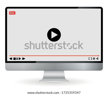Realistic black modern thin frame display computer monitor. Video content, blogging. Mockup live stream window, player. Social media concept. Vector illustration. EPS 10vector illustration.