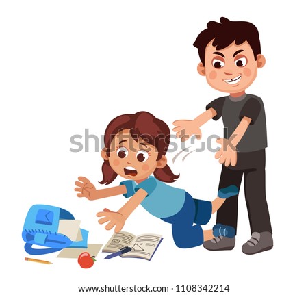 The boy pushes the girl on the floor. girl dropped her backpack. Problem of mockery and bullying at school. 