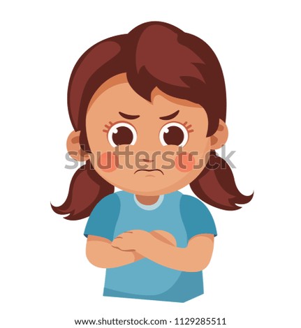 unhappy little girl crossed her arms. child was offended. cartoon vector illustration