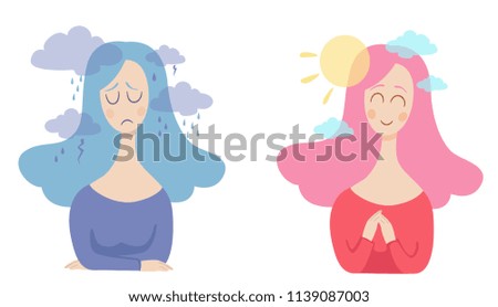 girl with bad and good thoughts in her head. positive and negative thinking. Pessimist and  optimist vector concept illustration.