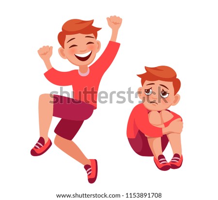 happy child jumping with joy and sad child sitting hugging his knees. bad and good mood. Little boy different poses and emotion cartoon vector set illustration full-length