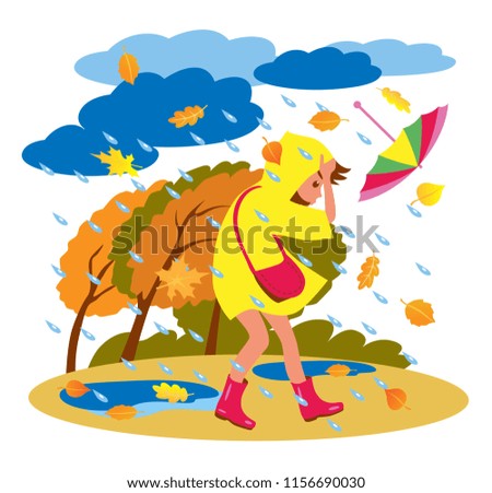 girl in raincoat walking with umbrella in bad weather. autumn rains and storm. cartoon vector illustration