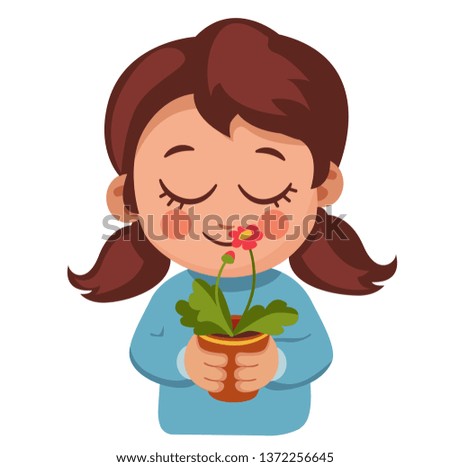 Image, Stock Photo Cute girl touching flowers in a french lavender field at sunset