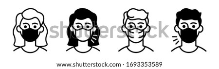 icons man in medical face protection mask, woman with mouth mask sick and healthy.
