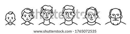 Portrait of a males at different ages, preschooler kid 1-5 years old, primary school age 6-9, senior school age 10-14, teenager 15-18, young man 19-30, average 40-50, elderly 60-80. black and white icon