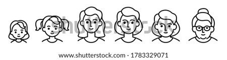 Portrait of woman at different ages, preschooler kid 1-5 years old, primary school age 6-9, senior school age 10-14, teenager 15-18, young man 19-30, average 40-50, elderly 60-80. black line icon