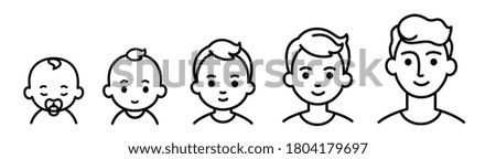Portrait of a child at different ages. The stages of growing up from infant to senior student. Black line icons.